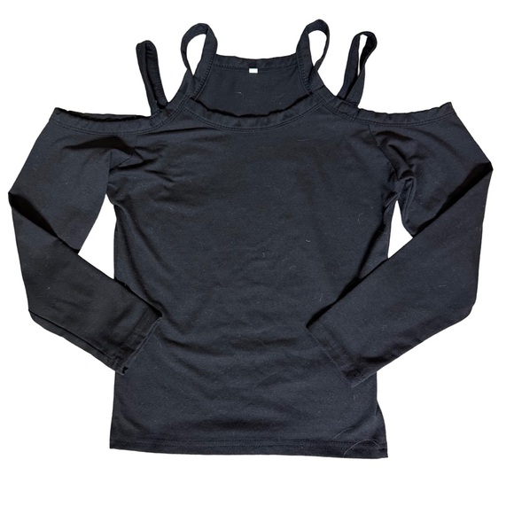 SHEIN BLACK FITTED FULL LENGTH LONG SLEEVE COLD SHOULDER TOP WITH STRAPS SIZE S - Picture 2 of 7